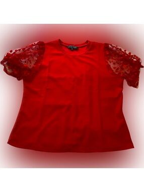 NWOT Red Top ,Cute sheer shirt sleeves with polka dots.